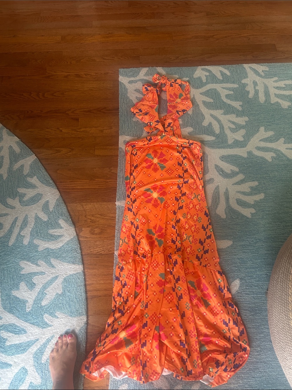 Bright Orange Floral Halter Maxi Dress